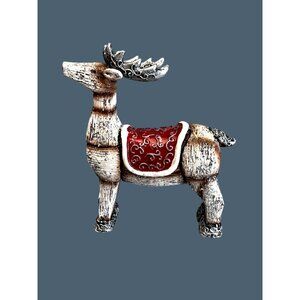 Rustic Faux Carved Reindeer Figurine Red Saddle Silver Trim Christmas Decor 9"